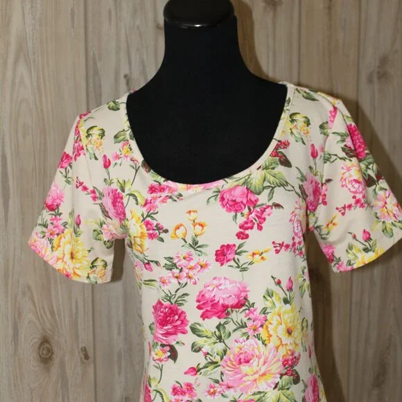 Tom's Ware Dress Casual Floral Print Pink Green New Bodycon Midi M - L Large EUC - Picture 4 of 11
